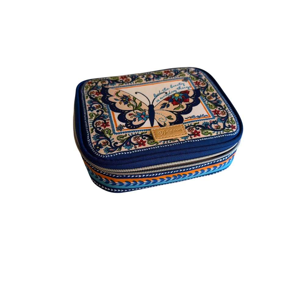Brighton Jewelry Case Blue Butterfly Garden Floral Travel Organizer Zip New